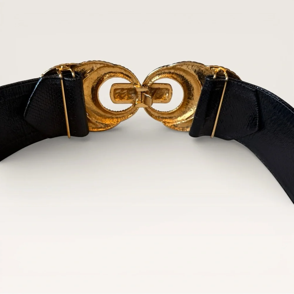 Vintage 90s Accessocraft Gold Belt Buckle w/ Black Snakeskin Leather Belt 29” - Picture 5 of 12